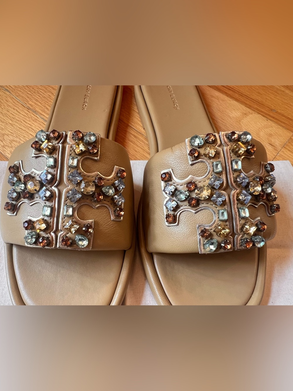 Tory Burch Ginger Shortbread Tan Crystal Double T Leather Sport Slide Sandals - Picture 6 of 11